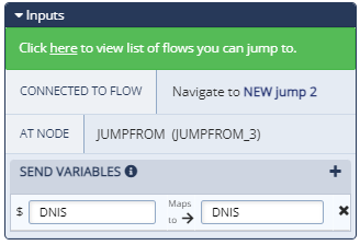 The Inputs section of the Configurations Panel for a Jump To action showing a sample value in the Send Variables field
